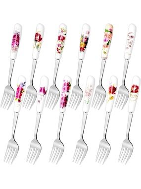 Floral Ceramic Handle Dinner Fork Set Stainless Steel Vintage Rose 12pc NIB